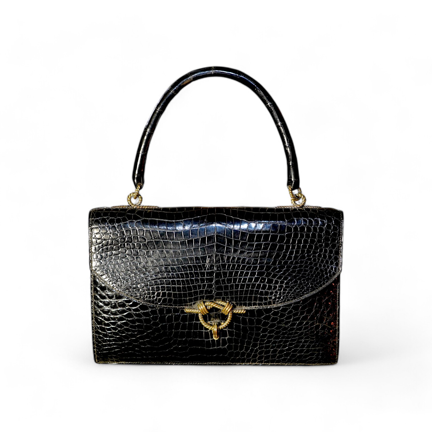 A Hermès vintage Cordeliere black crocodile handbag, height 16.5cm, top of handle 31cm, width 27.5cm, depth 5cm